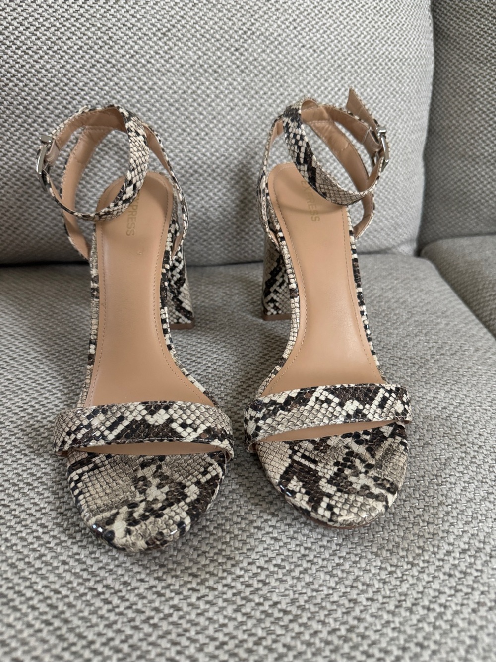 Express Snakeskin Ankle-Strap Block Heels - Black, White & Tan